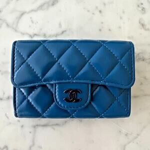 Chanel Leather Quilted Card Holder Wallet Blue teal w/box + reciept
